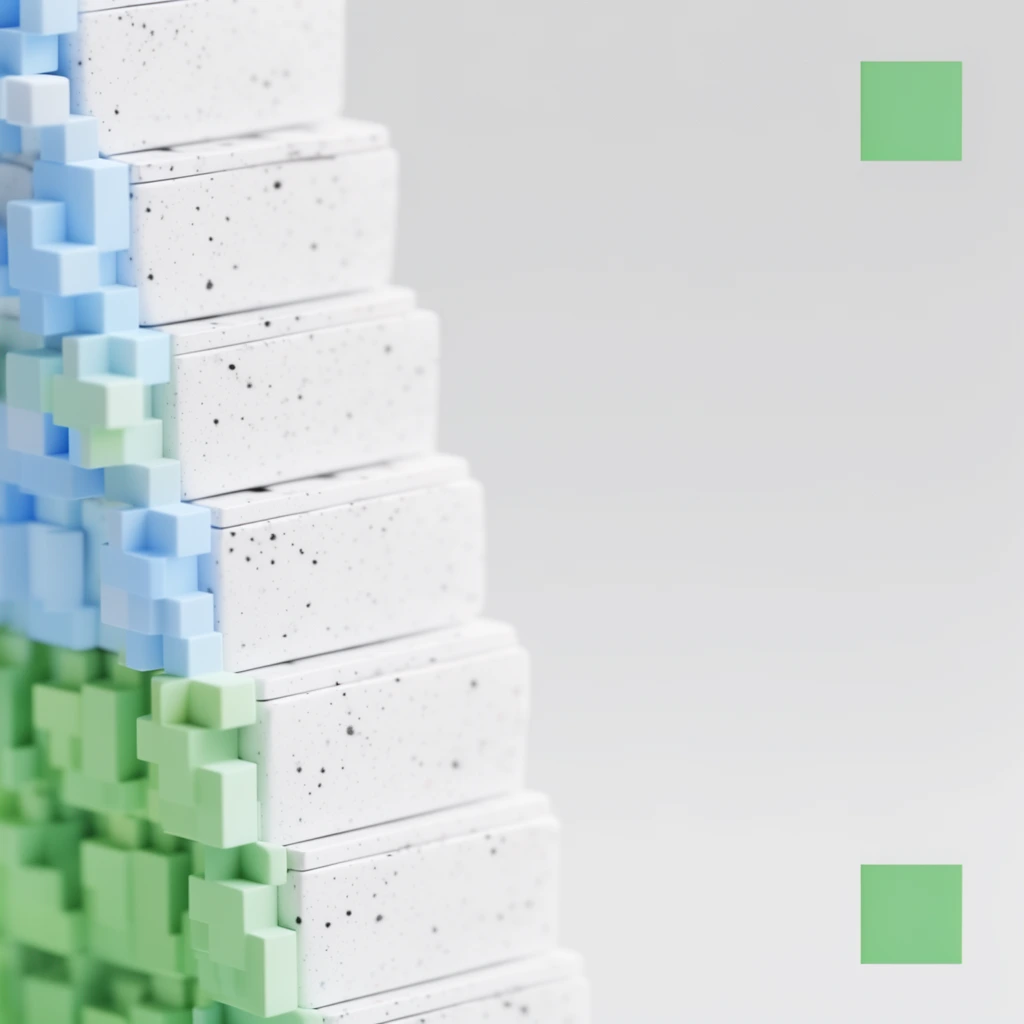 stacked white speckled rectangular boxes, pastel blue and green pixelated geometric shapes on left, light grey negative space with two isolated green squares on right, shallow depth of field, minimalist design