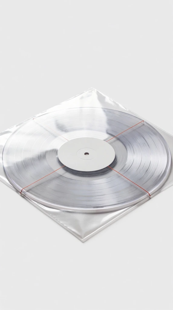 A transparent vinyl record with a white center label rests inside a clear plastic sleeve on a stark, light gray background. Thin red graphic lines intersect diagonally across the sleeve, meeting at the center hole. Photographed from a high angle in a minimalist product style, diffused studio lighting highlights the glossy plastic edges and casts a soft shadow, creating a clean, modern composition.