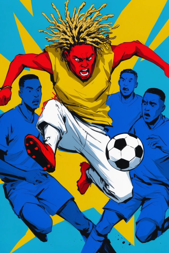 dynamic pop-art illustration of a soccer match, central figure with bright red skin mid-air in an aggressive leap, yellow sleeveless top, white pants, wild blonde dreadlocks, surrounded by three opposing figures rendered entirely in flat bright blue tones, black and white paneled soccer ball mid-air, vibrant primary color palette, heavy black inking, cel-shaded comic style, extreme foreshortening, kinetic energy, bright cyan background featuring large jagged abstract yellow geometric shapes