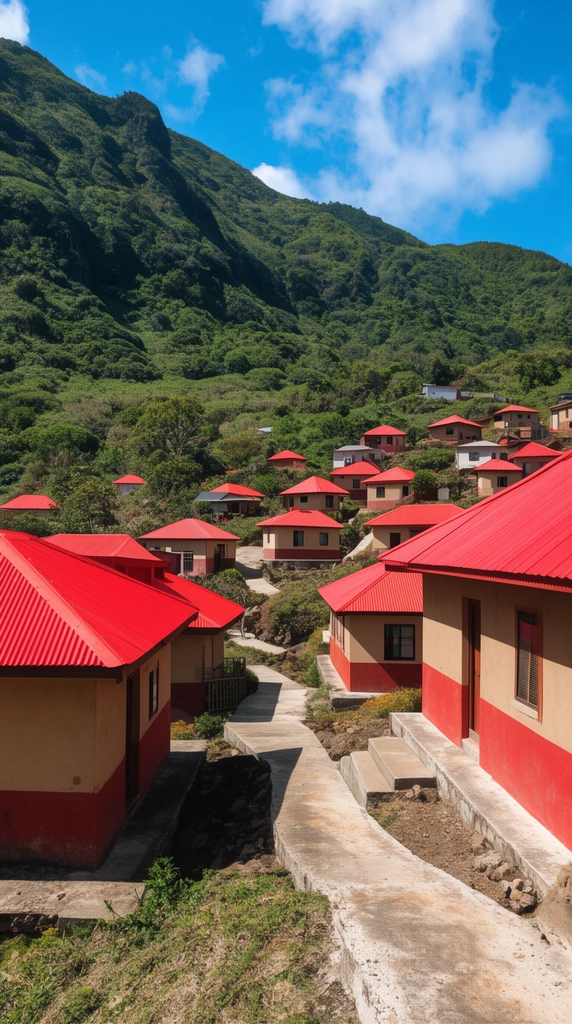 Hillside village, small houses with bright red corrugated roofs, tan and red walls, concrete walkways, steep lush green mountain background, sunny blue sky, wide-angle landscape photography