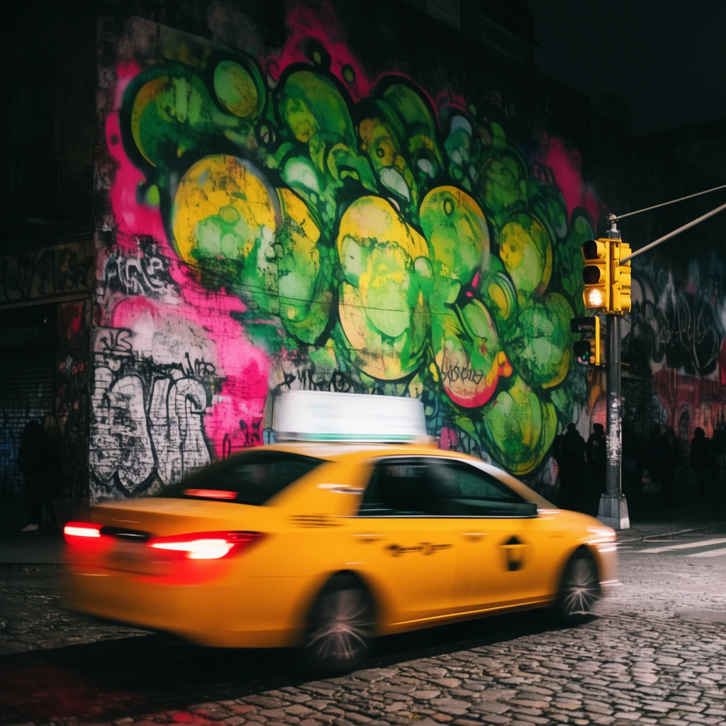 Yellow taxi speeding across a cobblestone intersection at night, motion blur, glowing red taillights, building facade covered in vibrant abstract graffiti, large green and yellow bubble shapes, pink spray paint accents, illuminated traffic signal pole, dark background with silhouetted pedestrians, gritty urban atmosphere, low-angle night photography