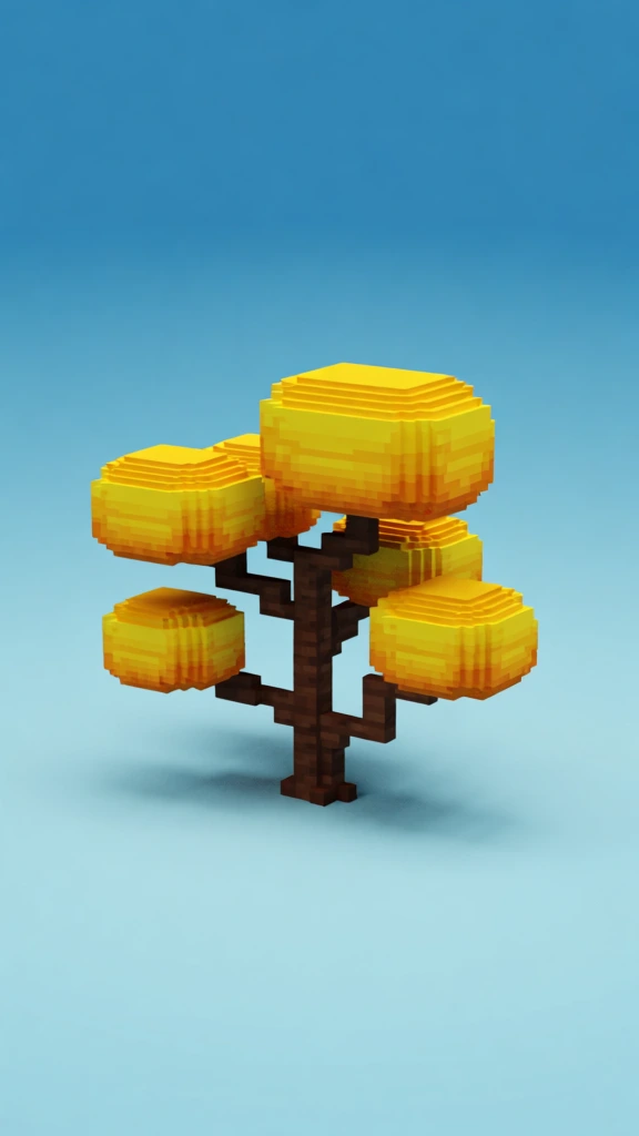 A stylized, low-poly voxel art tree featuring large, rectangular yellow foliage clumps sits centered against a gradient blue background. The tree’s trunk and branches are constructed from dark brown, blocky segments that split off in several directions to support five distinct clusters of leaves. Each foliage clump is a thick, rectangular block composed of layered voxels in varying shades of bright yellow and warm orange, giving them a textured, tiered appearance. The tree is positioned on a flat, solid light blue surface that blends seamlessly into a lighter blue background, creating a minimalist studio-like environment. A soft, diffuse shadow is cast on the ground directly beneath the tree, indicating an overhead light source. The overall aesthetic is a clean, 3D digital rendering with a pixelated, cubic geometry, using a vibrant color palette of yellow, brown, and blue.