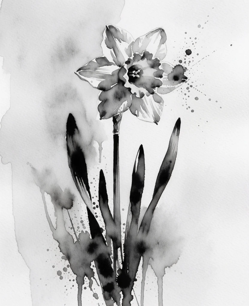 A monochromatic watercolor painting depicts a single daffodil flower in various shades of black and gray against a textured, light-colored background. The central flower bloom features delicate, layered petals rendered in pale gray tones, while the trumpet-shaped corona in the middle contains darker, more concentrated pigments that create depth. A slender, straight stem extends downward from the flower head, connecting to a cluster of long, narrow, pointed leaves at the base. These leaves are painted with deep, saturated black ink that contrasts sharply with the lighter petals. Expressive watercolor techniques are visible throughout the composition, including fine splatters of dark pigment concentrated around the right side of the flower head and base. Vertical drips of diluted gray paint run down from the petals and leaves, creating a sense of fluid movement. The background consists of a plain, off-white surface with subtle, watery washes of light gray that add a sense of atmosphere. The artistic style is expressive and impressionistic, utilizing high-contrast tones and wet-on-wet painting techniques to emphasize texture and form. The composition is vertically oriented and centered, focusing entirely on the botanical subject.