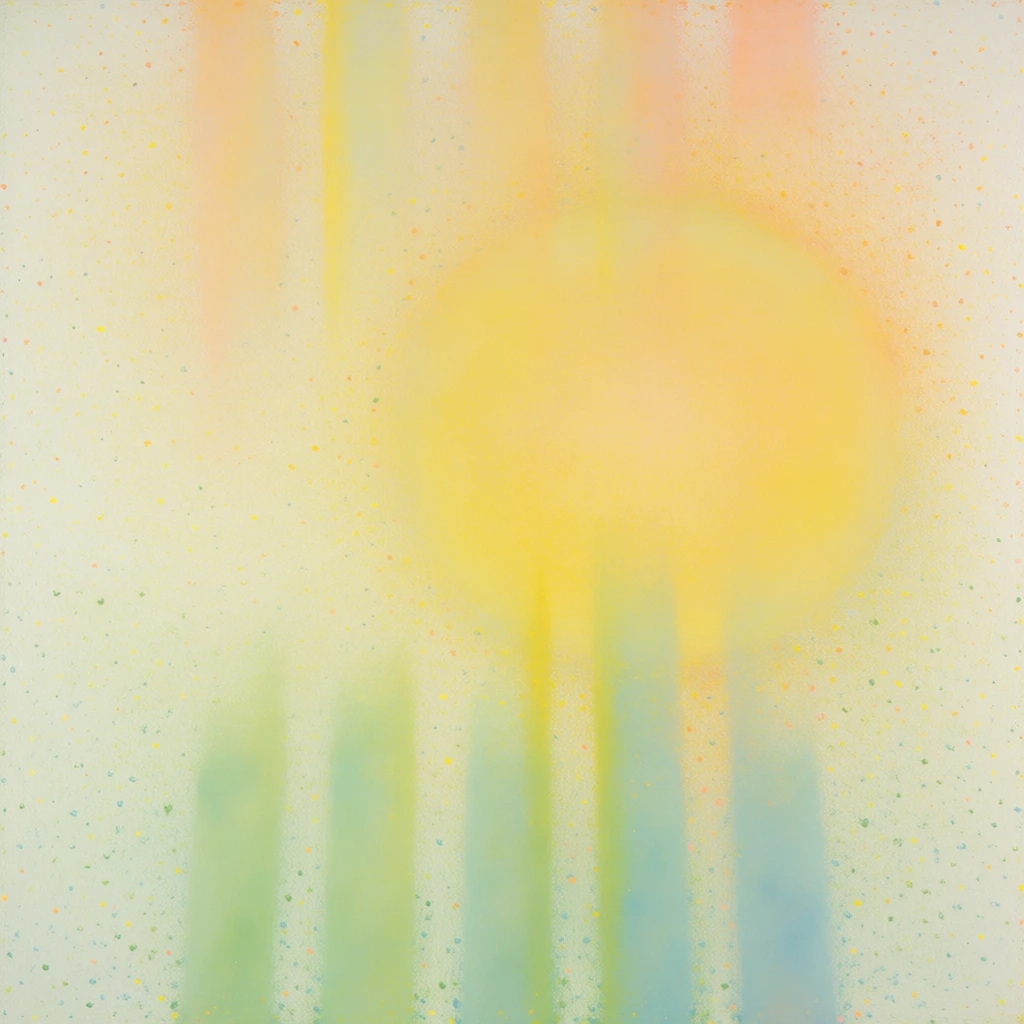 An abstract vertical composition features a hazy, glowing yellow orb centered above faint vertical columns of pale green and blue against a textured, light cream background. A large, soft-edged circular form in bright yellow dominates the upper right quadrant of the canvas, appearing as a central source of light. To its left, several faint, translucent vertical bands of pale orange and yellow descend from the top edge. At the bottom of the frame, a series of narrow, soft-edged vertical stripes in light green and muted teal rise upwards, overlapping with the lower edges of the yellow glow. The entire image is composed of countless tiny, multicolored specks—primarily yellow, orange, green, and blue—that create a grainy, stippled texture across the entire surface. This artistic style is atmospheric and non-representational, utilizing a fine mist of pigments to create a soft, out-of-focus effect where colors bleed into one another. The color palette is predominantly pastel and warm, transitioning from high-key yellows and oranges at the top to cooler greens and blues at the bottom. The composition is balanced but slightly asymmetrical, with the primary yellow mass shifted toward the right side of the vertical frame.