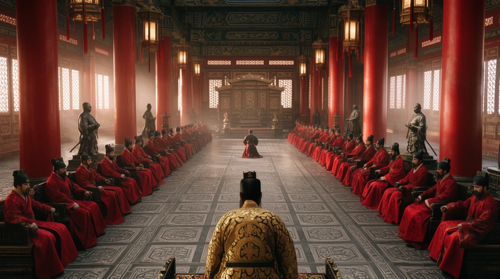 grand imperial throne room, wide symmetrical composition, rows of officials in red robes flanking central aisle, distant kneeling figure, foreground official in gold patterned robe, ornate geometric floor, massive red pillars, hanging lanterns, bronze statues, glowing lattice windows, cinematic hazy sunlight