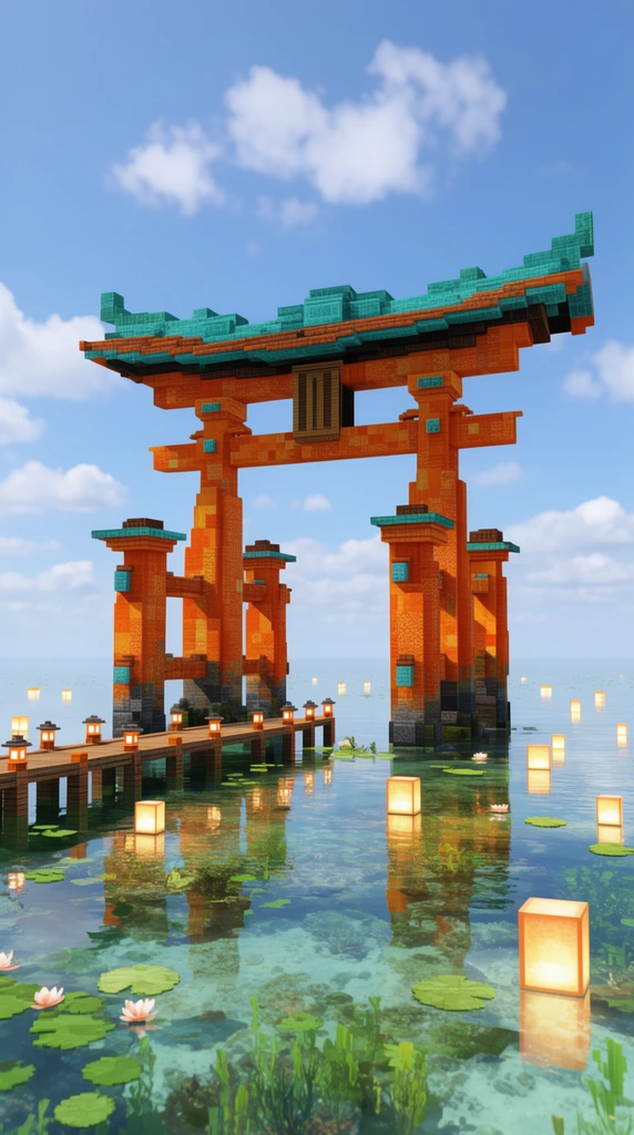 A massive voxel-built orange and teal Torii gate stands in shallow, clear water. A wooden pier with glowing lanterns approaches the structure. Floating lanterns and lily pads dot the reflective surface, revealing underwater plants in bright daylight.