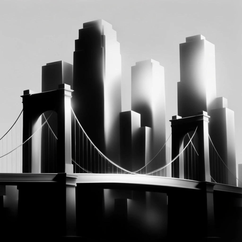 A stark, high-contrast monochromatic composition features a prominent suspension bridge with two soaring main towers and sweeping cables spanning the immediate foreground, backed by a dense cluster of geometric skyscrapers against an empty background. The scene is rendered in a dramatic black-and-white photographic style characterized by profound, inky shadows and brilliant, soft-edged luminous highlights. Deep obsidian tones enshroud the structural foundations, sharply contrasting with the intense, diffused white light raking across the architectural facades and bridge suspension lines. Smooth, sweeping tonal gradients sculpt the buildings and bridge into stark silhouettes, granting the geometric surfaces a polished, almost fluid aesthetic reminiscent of fine-art long-exposure imagery. The intense interplay of brilliant illumination and absolute darkness generates profound atmospheric depth across the bare, austere backdrop.