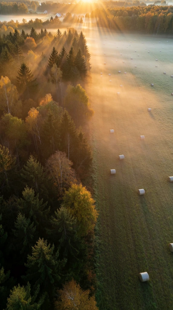 An aerial landscape divided between a dense forest and a misty agricultural field. Heavily textured evergreen and autumn trees fill the left. The right is a flat meadow dotted with white cylindrical hay bales beneath low-lying fog. Intense golden hour sunlight radiates from above, projecting dramatic crepuscular rays and long shadows across the canopy and hazy ground.
