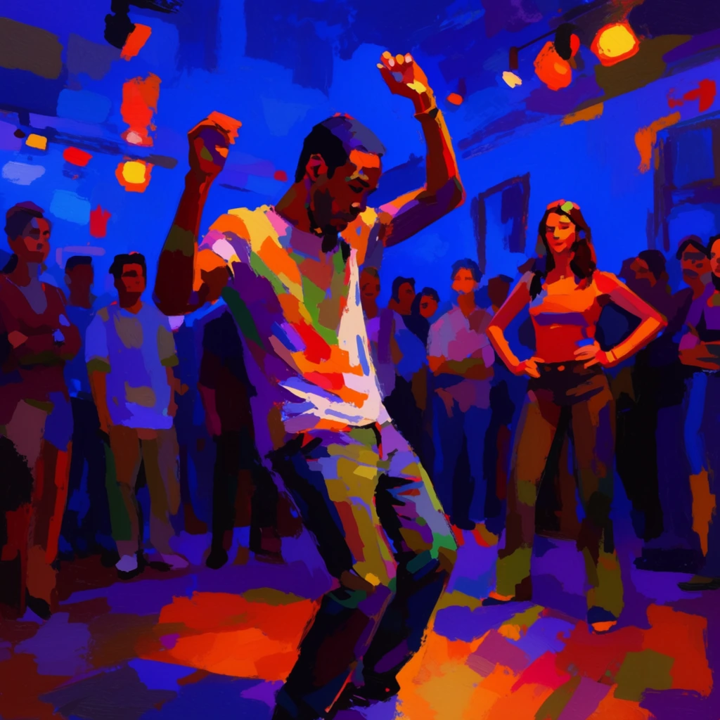 A bold, expressive digital painting of a man dancing in the center foreground with his arms raised, surrounded by a crowd of onlookers in a lit room. The central dancing man is rendered in chunky, fragmented brushstrokes, his dynamic pose defined by stark, posterized color blocking. Around him, numerous standing figures watch the performance, including a prominent woman positioned on the right with her hands resting on her hips. The scene utilizes a highly saturated, fauvist-inspired color palette dominated by an intense ultramarine blue environment. Dramatic lighting casts vibrant cadmium orange, brilliant red, and bright yellow highlights across the figures, contrasting sharply with deep purple, violet, and muted brown shadows. The room's lights appear as thick, abstract dabs of glowing warm colors cutting through the cool blue surroundings. The artistic technique mimics heavy impasto acrylic or palette knife painting with jagged, irregular edges, flat color fields, and energetic, blocky texturing.