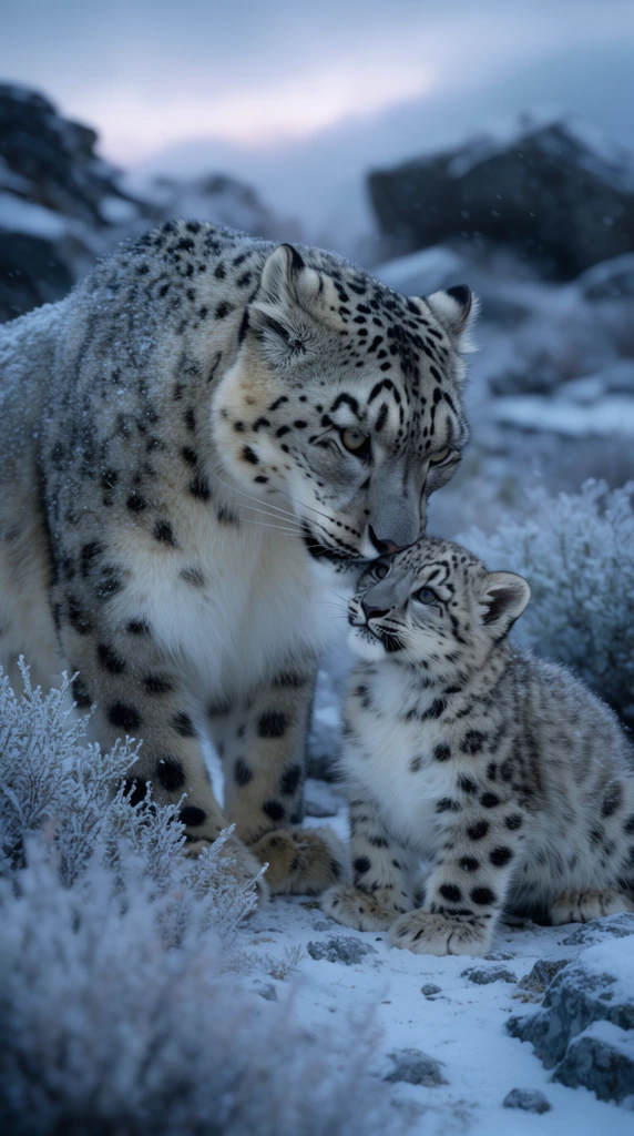 majestic adult snow leopard nuzzling a fluffy cub, snowy rocky terrain, frost-covered shrubs, cool overcast twilight, photorealistic cinematic wildlife photography