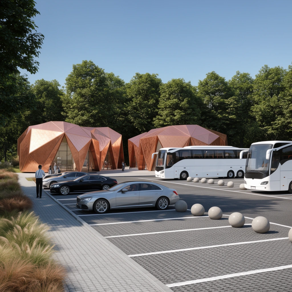 geometrically faceted copper-clad pavilions with large glass windows, modern parking lot with textured gray pavers and white lines, large white tour buses, sleek black and silver sedans parked in the foreground, row of spherical stone bollards, pedestrian walkway, dense backdrop of mature green trees, clear blue sky, ornamental grasses, bright sunny daylight with sharp shadows, crisp photorealistic architectural rendering, wide-angle perspective