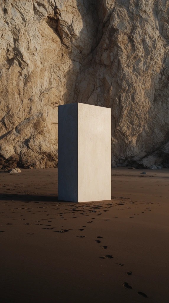 upright light-colored rectangular monolith, standing isolated on smooth dark brown sand, scattered footprints in the sandy foreground, towering rugged cliff face in the background, rough textured rock in warm tan and beige hues, dramatic directional sunlight highlighting the geometric block, deep shadow on its left face, stark minimalist composition, cinematic wide shot, earthy color palette, high contrast between organic geology and sharp artificial geometry