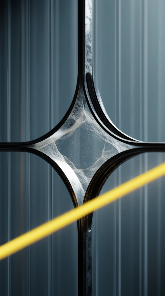 Dark metallic structure featuring four curved panels forming a central star-shaped aperture that encloses delicate translucent webbing. A straight, bright yellow beam cuts diagonally across the foreground against vertically grooved slate-blue panels in cinematic macro focus.