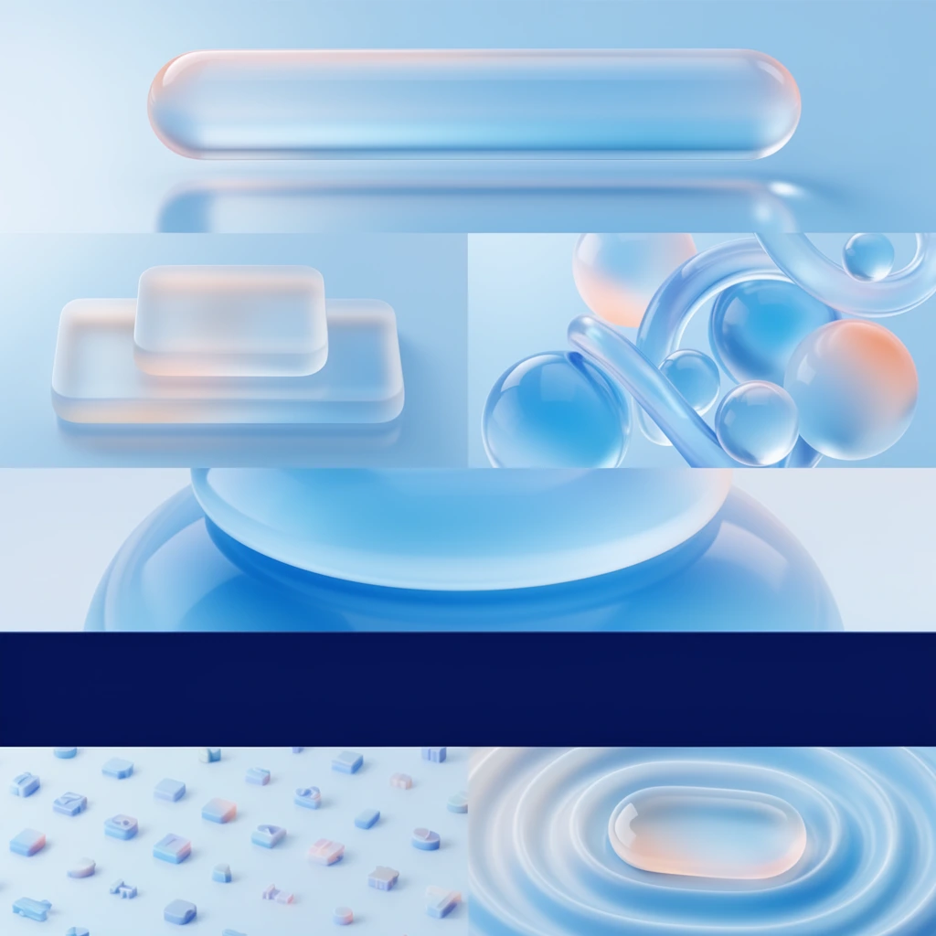 A vertically stacked collage of 3D geometric renders in a luminous light blue palette with delicate peach gradients. The top section features a translucent, elongated capsule floating horizontally over a glossy surface. Below, a split layout presents frosted, glass-like rounded rectangles resting flat on the left, and a dynamic cluster of intersecting glossy spheres and curved tubes hovering on the right. Further down, a macroscopic view shows large, stacked translucent blue domes. A solid navy blue horizontal bar separates the lowest section, which displays scattered, tiny three-dimensional blocky icons on a pale blue floor to the left, and smooth, concentric circular ripples expanding from a central translucent oval element to the right. The aesthetic features soft diffused lighting, sleek neumorphic materials, and highly polished translucent textures.