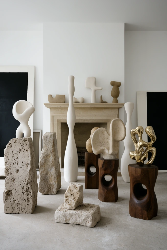 Modernist sculpture studio interior, diverse abstract biomorphic forms, rough porous stone slabs, tall smooth white plaster spindles, carved dark wooden pedestals with circular cutouts, metallic gold organic sculpture, simple beige stone fireplace background, large black and white canvases leaning against crisp white walls, light concrete floor, soft diffused daylight, neutral earth tones, sharp interior photography, deep depth of field