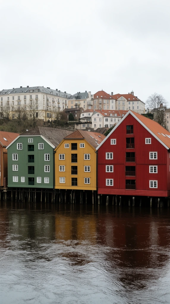 colorful wooden buildings on timber stilts over a river, green yellow red and brown facades, white paned windows, hillside city background, overcast sky, wide shot