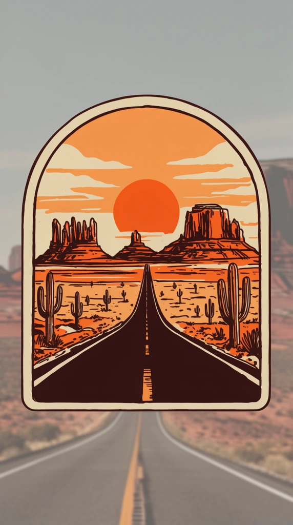 arch-shaped retro illustration badge, straight dark highway receding to a vanishing point, arid desert landscape with scattered stylized cacti, distant towering mesas and jagged buttes against a warm orange sky, large solid orange sun on the horizon, stylized horizontal clouds, thick dark brown ink linework, limited palette of cream and orange, flat color fields, badge overlays a blurred desaturated photograph of a similar desert highway, central composition