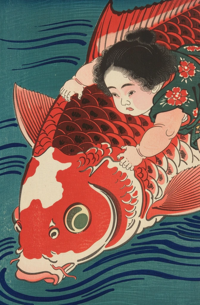 An ukiyo-e woodblock print depicts a young child with dark, curly hair clinging to a massive red carp as it dives through deep teal water. The central figure is a small child with pale skin and jet-black hair styled in a bun, dressed in a dark green garment decorated with red floral patterns. The child’s arms are wrapped tightly around the large fish, with small hands visible gripping its scales. The giant carp, oriented diagonally downwards toward the bottom left corner, features vibrant red scales outlined in dark ink and large white patches on its head. Its prominent, rounded eye is a dull green with a dark pupil, and its fins are textured with numerous fine, parallel lines. The fish's mouth is slightly open, and it possesses a small whisker near its snout. The scene is set within a body of water rendered in a deep teal color with dark blue horizontal and curved lines that represent ripples and the force of the movement. The artwork is characterized by bold outlines, flat areas of color, and a visible wood grain texture throughout the composition. The perspective is a tight close-up, focusing on the physical interaction between the child and the fish. The color palette is dominated by the primary red of the carp and the contrasting teal of the water, with accents of dark green, black, and pale peach. Lighting is even across the scene, emphasizing graphic clarity and line work.