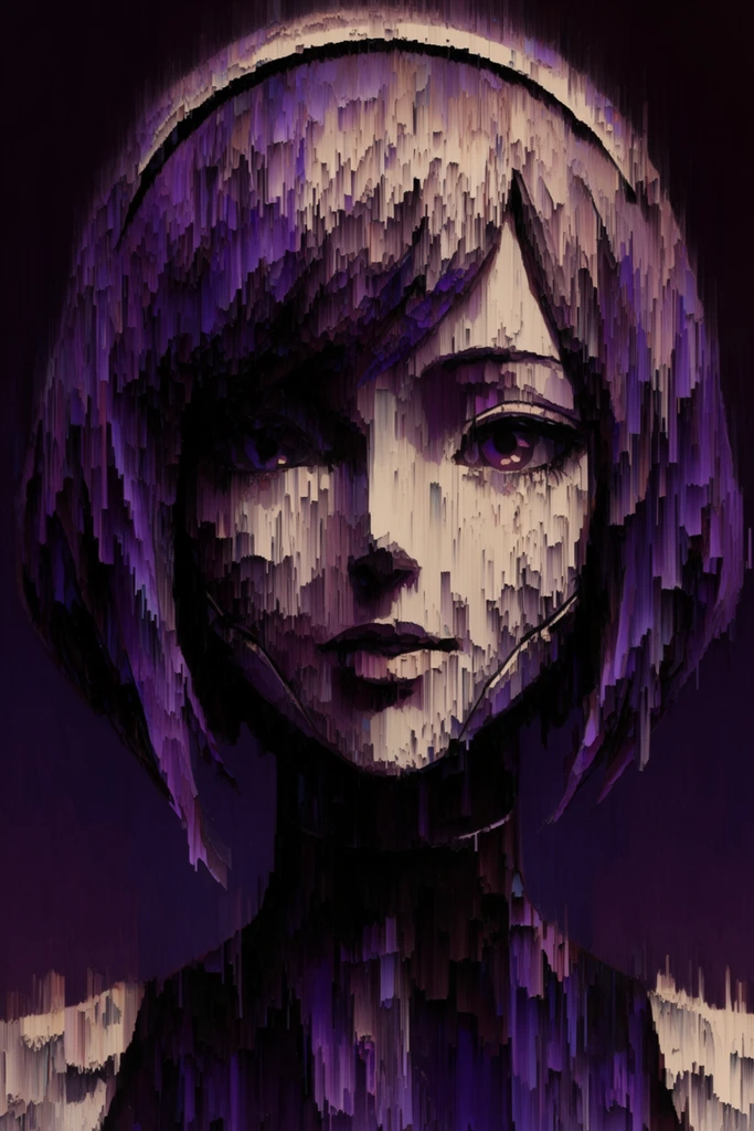 A feminine android with a bob-style haircut rendered in a dramatic glitch art aesthetic. The android's features are heavily distorted by intense vertical pixel sorting, creating severe downward-streaking digital striations across the face and hair. Deep purples, dark violets, and black shadows dominate the color palette, contrasting with muted beige and cream highlights. The highly stylized composition features sharp contrast and a dark vignette background, emphasizing the vertically fragmented digital manipulation.