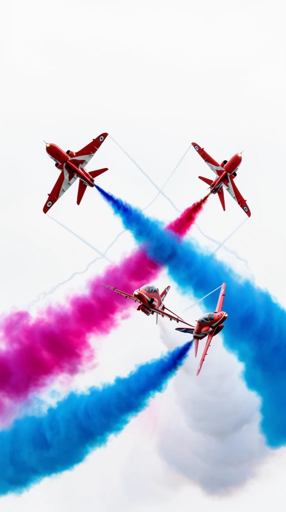 Four red aerobatic jet planes in tight formation, intersecting flight paths against a solid white sky, thick plumes of vibrant blue and magenta smoke, dynamic criss-cross smoke trails, high-speed aviation photography, bright lighting, vivid contrast