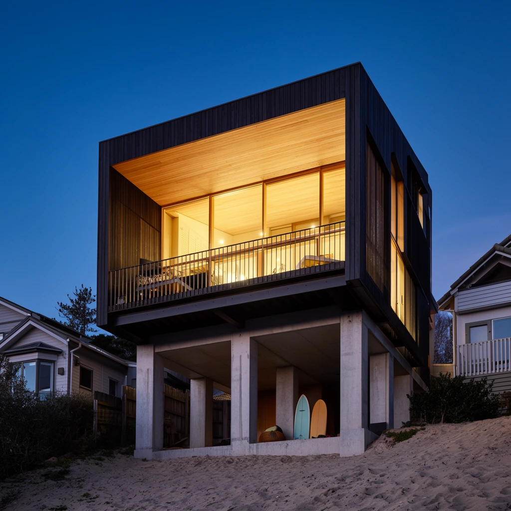 A contemporary house elevated on concrete pillars glows warmly against a deep blue twilight sky. The rectangular structure features dark vertical wood siding and a deeply recessed balcony covered by a light-toned wooden ceiling. Floor-to-ceiling glass walls radiate bright yellow interior lighting onto the outdoor deck. Beneath the elevated main floor, thick concrete pilotis frame an open space sheltering two upright surfboards on the sandy sloped ground. Flanked by traditional gabled homes, the building is captured in a low-angle architectural photograph during the blue hour, emphasizing the striking contrast between the cool ambient dusk and the luminous, inviting interior.