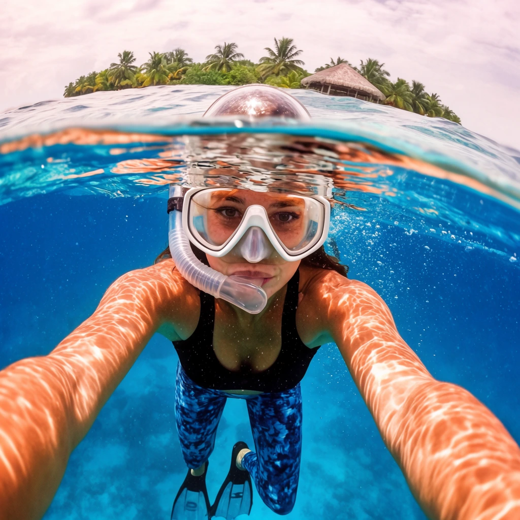 A split-level wide-angle photograph captures a snorkeler taking a selfie below the water surface with a tropical island above. The swimmer extends both arms forward, wearing a white-rimmed mask, transparent snorkel, black top, patterned blue leggings, and black fins. Rippling caustic sunlight brightly illuminates her shoulders, while her head reflects against the undulating underside of the water. The vibrant blue underwater realm with scattered bubbles is sharply divided by the horizontal waterline from a pale, cloudy sky. A distant island sits on the curved horizon, dotted with green palm trees and a thatched structure. The over-under composition features high color saturation and a fisheye perspective.