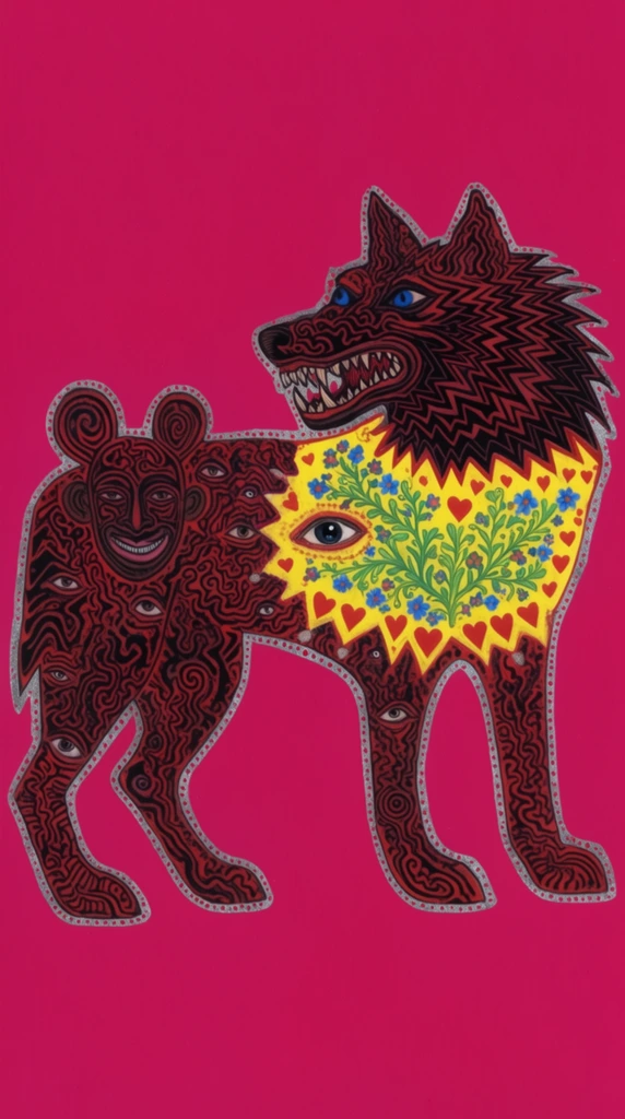 A bizarre, composite animalistic creature dominates a stark magenta background in a highly patterned, psychedelic illustration. The sprawling quadruped silhouette is outlined with a dotted silver border and filled entirely with dense, swirling black and dark red abstract line work. The right side forms a large, fierce wolf-like head featuring sharp zig-zag fur, bared jagged teeth, and piercing blue eyes. Embedded within the hindquarters on the left is a secondary, mask-like face with large round ears and a human-like grin, accompanied by scattered isolated eyes woven into the body's patterns. Near the midsection, a singular prominent eye floats amidst a burst of bright yellow, transitioning into a vivid cluster of green botanical vines, tiny blue flowers, and red hearts forming a halo around the creature's neck. Rendered in a flat, folk-art style, the composition relies on extreme high-contrast colors and intricate horror vacui detailing.