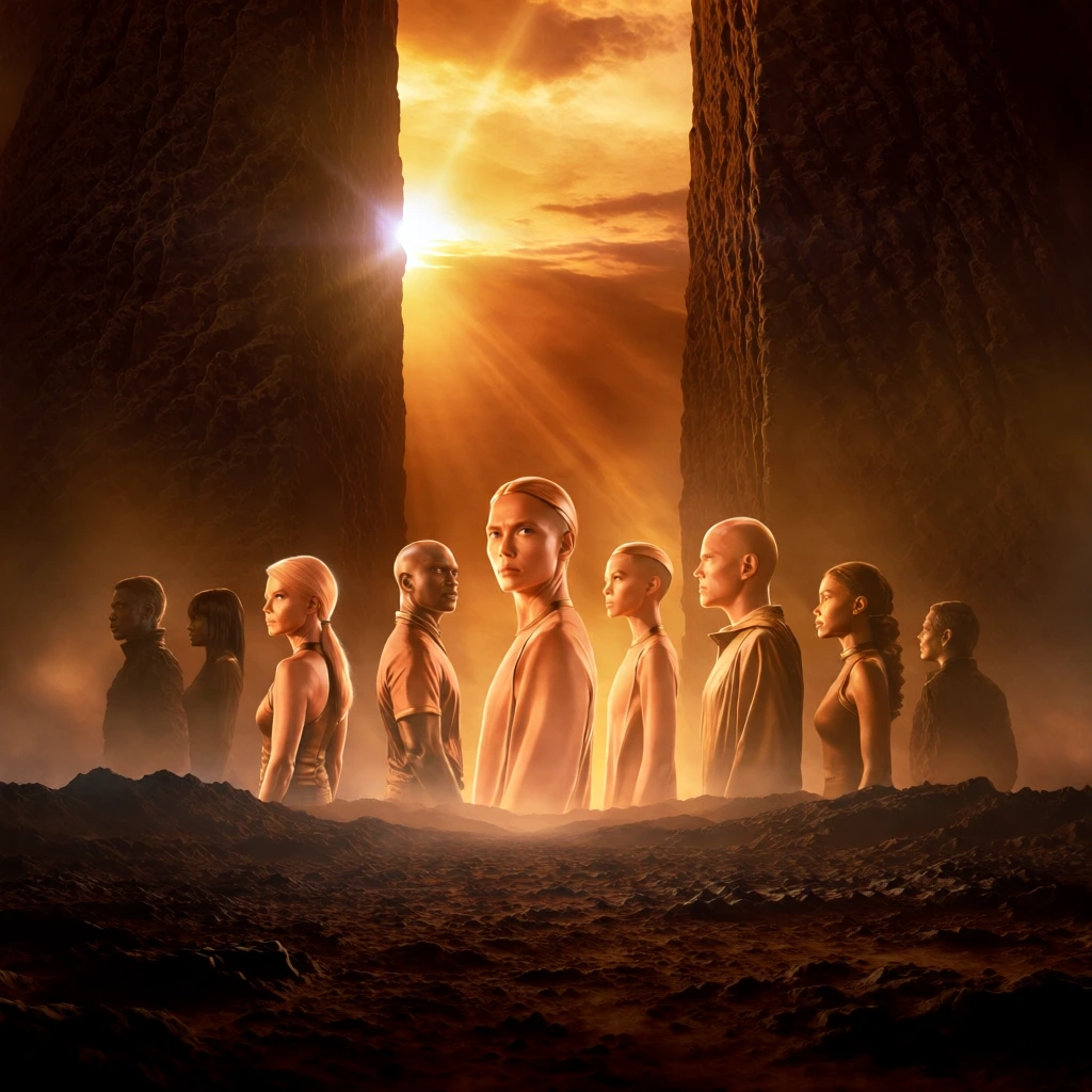 monochromatic amber and ochre palette, intense golden hour backlighting, sharp rim light, high-contrast chiaroscuro, low-angle symmetrical cinematic composite, nine characters shown from front and side view profiles, atmospheric perspective with granular dust, framed by massive dark vertical monoliths, central radiant sun flare, textured rocky terrain, minimalist futuristic typography, epic cinematic scale, high-signal cinematic grain, billing block at top