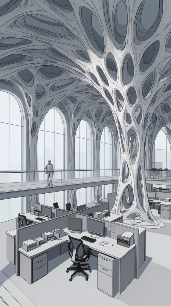 cel-shaded architectural rendering, futuristic office interior, organic porous bone-like columns, vaulted ceiling, mezzanine with L-shaped cubicles, figure at balcony railing, arched windows, light grey palette