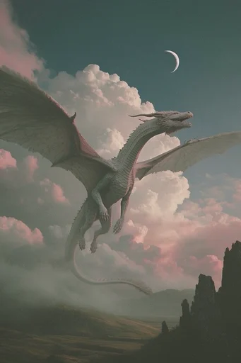 Ethereal Vintage Surrealism style reference image — monumental cumulus clouds