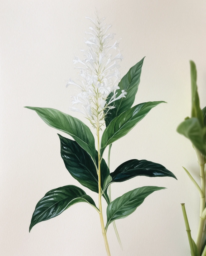 A detailed botanical painting of a leafy plant with a tall spike of delicate white flowers centered on a textured off-white background. The slender pale yellowish-green main stem supports deeply veined, lanceolate leaves in varying shades of rich emerald and dark forest green. Rising alongside the foliage is a dense, feathery cluster of translucent, tubular white blossoms. The illustration features smooth, precise brushstrokes characteristic of realistic watercolor techniques. To the far right edge, a partially cropped and softly blurred green plant stem appears. Soft, diffused natural lighting creates subtle highlights on the glossy dark leaves and casts very faint shadows on the cream surface, emphasizing the elegant, minimalist composition and organic botanical forms.