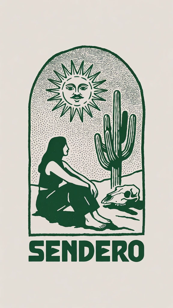 A green and beige graphic design in an arched frame depicts a woman sitting in a desert landscape beneath a personified sun. In the center-left, a dark green silhouette of a woman with long dark hair sits on the ground in profile, facing toward the right side of the frame. She wears a sleeveless top and loose trousers, and her bare feet rest on the uneven terrain. To her right stands a tall saguaro cactus with multiple arms reaching upward. Resting on the ground near the base of the cactus is a large animal skull shown in profile. Above this scene, a sun with a serene human face, including eyes, a nose, and a mustache, is surrounded by sharp, pointed rays. The sky background is filled with a dense stippled pattern of small dots. All these elements are contained within a tall, green-bordered archway that has a slightly irregular, hand-drawn edge. Beneath the arched illustration, the text "SENDERO" is printed in a bold, capitalized, dark green sans-serif typeface with stylized block lettering. The overall design uses a minimalist color palette consisting only of dark forest green on a light beige background. The artistic style resembles a linocut or woodblock print, characterized by bold outlines and textured shading.
