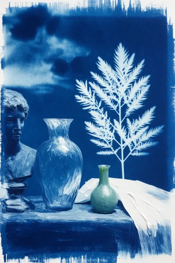 Ethereal Cyanotype Botanical style reference image — Prussian blue monochrome