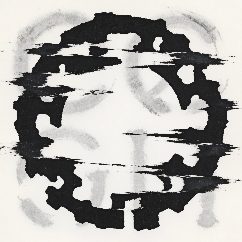 Abstract black circular emblem on off-white paper. Fragmented blocky shapes form a jagged ring heavily distressed by horizontal glitch-like tears. Faint gray smudges sit in the background with a raw photocopied texture.
