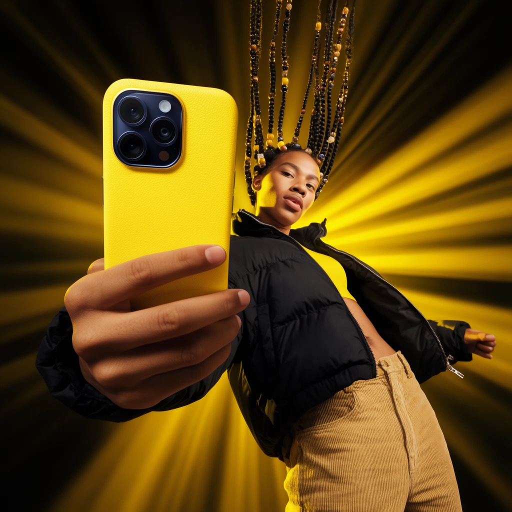 A person holds a bright textured yellow smartphone with a dark multi-lens camera module toward the lens in forced perspective. The subject leans back dynamically in an unzipped black puffer jacket and tan corduroy pants, their beaded braided hair suspended straight upwards in mid-air. Intense golden-yellow light beams radiate through the dark background, matching the phone and creating a high-contrast, energetic commercial portrait.