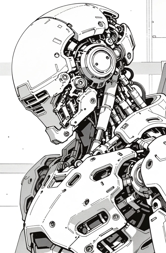 A tightly framed, side-on black-and-white illustration of a futuristic humanoid robot head and upper torso, shown partly disassembled to reveal dense internal mechanics, cables, vents, and structural panels. Ink line art, manga-style technical rendering, monochrome, high-detail industrial concept art, sci-fi mecha portrait, pen-and-ink outlines, halftone shading, crosshatching, blueprint-adjacent, clean contour drawing, cybernetic anatomy study, sterile, analytical, precise, intricate, visually dense, high contrast, flat even exposure, no visible color, no photographic depth blur, no lens artifacts, no motion blur, no grain beyond deliberate stipple texture, visually adjacent to Katsuhiro Otomo, Masamune Shirow, Tsutomu Nihei, Syd Mead technical sketches, Moebius mechanical studies.
The robot fills nearly the entire frame, facing left in profile. At the very top left and center is a smooth, oversized cranial dome, like a helmet shell, curving backward in one uninterrupted arc; its surface is mostly blank white with sparse panel seams and a few tiny rectangular markings near the left-middle edge. Beneath the dome at upper left is a recessed facial opening where a visor or faceplate should be, exposing a dark interior cavity with layered slats and shadowed components. In the upper right quadrant, the side of the head is opened or stripped, revealing a circular ear-like mechanical hub centered slightly right of middle, surrounded by nested rings and panel cut lines. Around this hub are bolts, small access plates, tubular conduits, and clustered mechanical nodes running vertically along the far right edge like stacked sensors or actuators.
The neck area, in the center of the image, is extremely congested with pistons, braided hoses, wiring bundles, brackets, and cylindrical modules, all packed beneath the jawline and behind the cheek shell. A slanted armor plate runs from left-center downward toward the middle, partially covering the machinery. The lower half of the image shows the upper torso and shoulder casing: large curved body panels sweep from center to bottom right, punctuated by narrow vents, tiny labels, access hatches, and inset geometric details. On the bottom right is a deep, rounded shoulder or chest recess containing layered vent fins and dark mechanical shadow. The far background is minimal and pale, only interrupted by a few straight horizontal and vertical lines suggesting a wall or industrial bay, keeping full attention on the robot’s exposed construction.