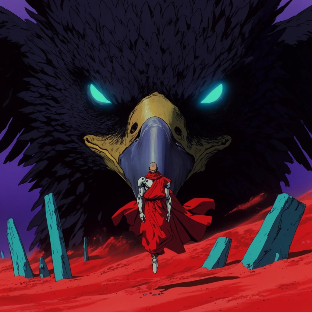 A gargantuan obsidian griffin with glowing turquoise eyes emerges from a sea of crimson sand. Hovering before its massive beak is a cybernetic monk in flowing red robes. Jagged cyan monoliths pierce the dense sand layer below against a deep purple sky. The scene is rendered in 1990s cel-shaded anime style with crisp ink outlines and flat matte colors.
