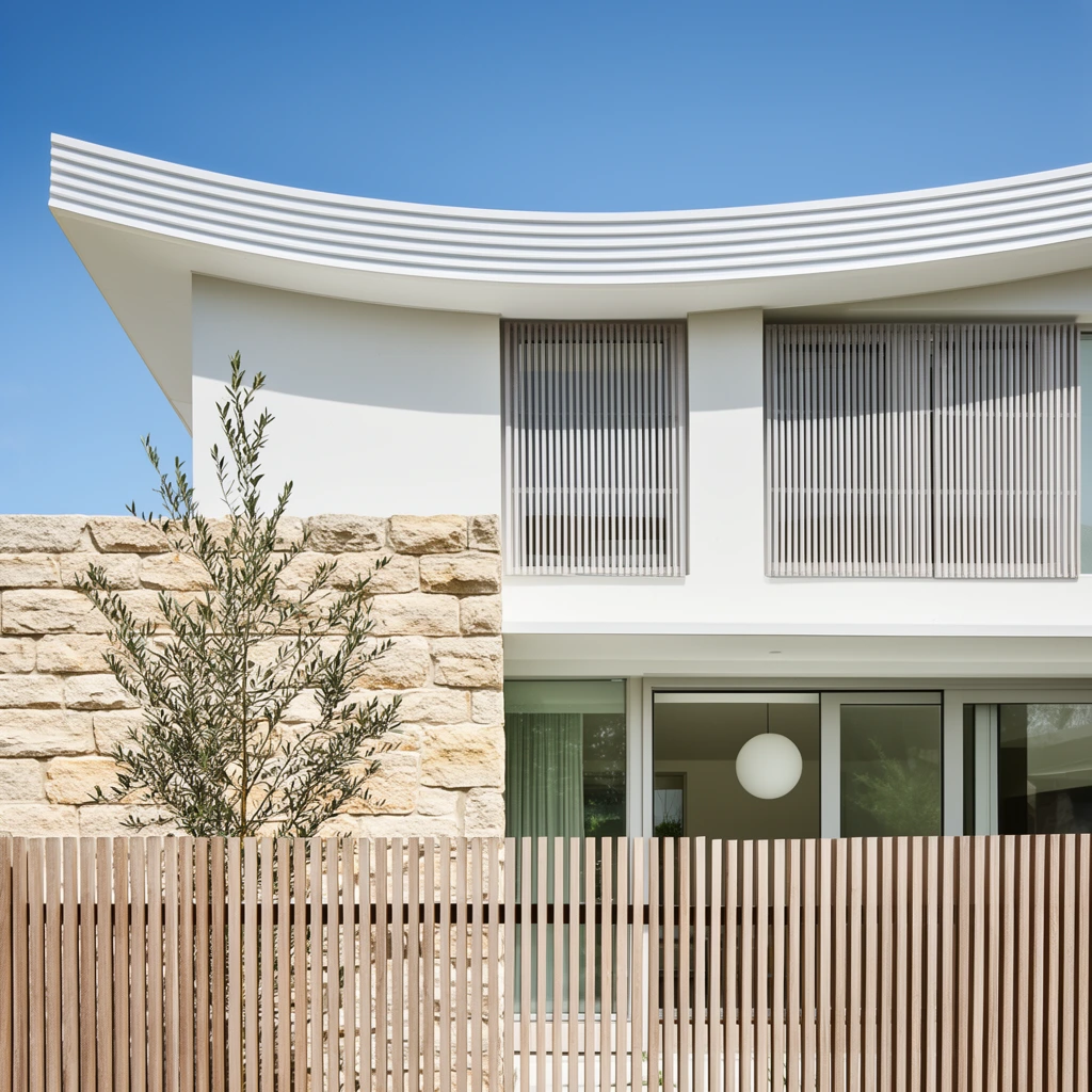 A modern architectural home with a distinctive curved roofline stands under a clear blue sky. A fence of thin, vertical light-brown slats anchors the foreground, sitting before a wall of rough-hewn light sandstone and a slender olive tree. The house features crisp white walls, sliding glass doors, and upper windows shielded by matching slatted screens. The roof boasts a gentle upward curve with horizontally grooved fascia. An interior white globe pendant light is visible through the glass. Bright sunlight highlights the crisp geometric forms and textural contrast between rough stone, smooth wood, and sleek glass.