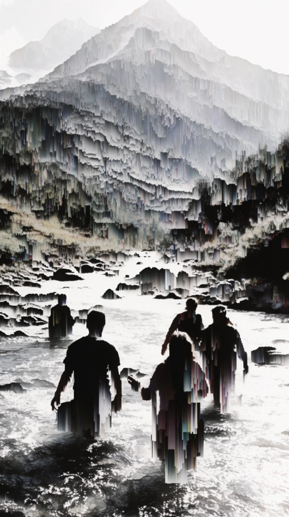 Silhouetted figures wading across a river at the base of a towering mountain, depicted through intense vertical pixel-sorting and databending glitch art techniques. The people appear as stark, high-contrast dark forms fragmented by aggressive downward pixel stretching, their shapes bleeding vertically into the surrounding water. The flowing river and the massive mountain peak in the background dissolve into cascading, staggered vertical bands of distorted digital artifacts. The palette is starkly monochromatic, utilizing blinding whites and deep shadows, accented by faint, muted chromatic shifts within the corrupted pixel streams. The visual structure features sharp, jagged, stepped edges where the imagery melts into cascading digital data, merging the foreground figures, the water, and the background elevation into a continuous, abstract texture of dripping vertical interference and heavy digital distortion.