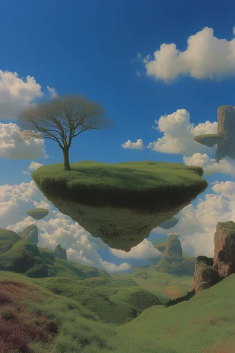 Surreal Pastoral Dreamscapes style reference image — vibrant blue sky
