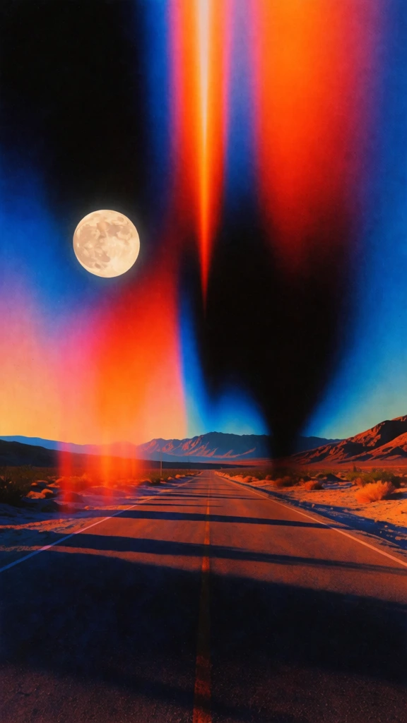 wide-angle view of an asphalt road leading to a mountain range with a moon, heavy stipple grain, dense chromatic noise, vertical streaks of incandescent orange, crimson, and cobalt blue bleeding into pitch-black voids, high-contrast chiaroscuro lighting, long sharp shadows, ethereal light leaks, minimalist surrealist composition, lo-fi high-concept aesthetic, saturated painterly color fields, dreamlike atmospheric cosmic mood, rich tactile texture.