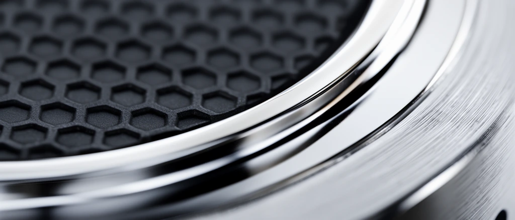 Extreme macro photography of precision machined metallic components. A highly polished curved bezel reflects sharp studio lighting, contrasting with an adjacent dark surface covered in a repeating raised hexagonal honeycomb texture. The outer edge features brushed steel with fine concentric milling marks. Shot with a very shallow depth of field, blurring the extreme foreground and background. The composition highlights structural geometry, the interplay of matte and gloss finishes, and monochromatic silver and charcoal tones.