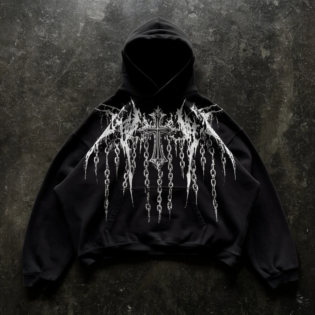 black pullover hoodie with intricate white distressed graphic, jagged dangling chain and cross motif, flat lay on mottled dark concrete floor, overhead product photography, stark lighting, dark streetwear aesthetic