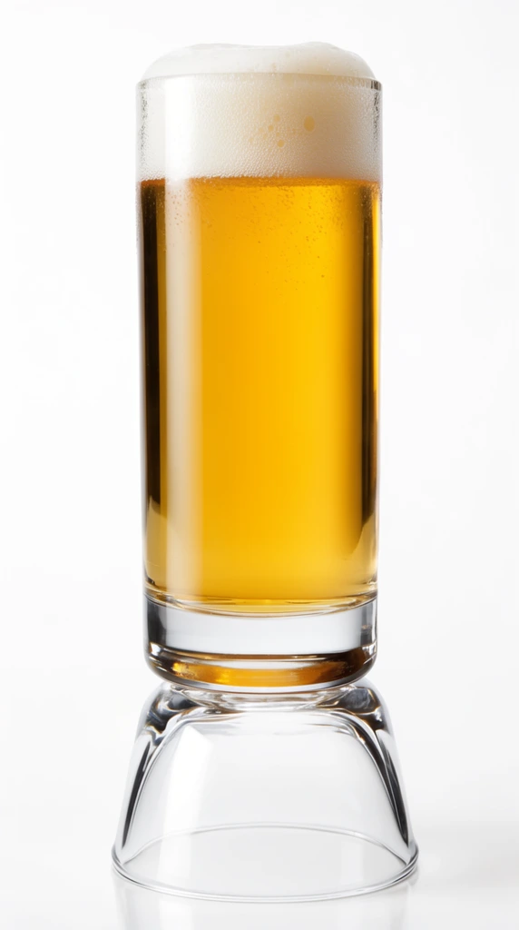 tall cylindrical glass of golden beer, thick white foam head, frosted condensation on the upper rim, resting on an inverted bell-shaped transparent glass base, seamless pure white background, bright high-key studio lighting, vibrant amber liquid, sharp glass reflections, clean minimalist product photography