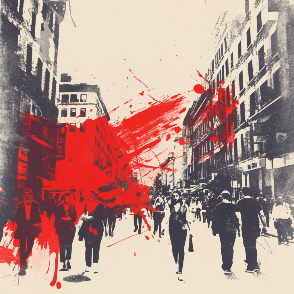 A bustling city street flanked by towering buildings and populated by crowds of pedestrians, rendered in a stark, high-contrast stencil and screen-print aesthetic. The architecture and figures are depicted using deep charcoal and faded black halftone textures, creating harsh graphic silhouettes with stippled shading against a solid, expansive cream-colored background. A vibrant, aggressive red paint splatter violently overlays a section of the urban scene, dissolving the structural edges of the buildings and people into chaotic brushstrokes, distressed smears, and erratic ink drips flying outward. The composition features heavy distress marks, rough ink textures, and prominent film grain, establishing a gritty, tri-tone grunge poster aesthetic dominated by bold negative space and raw, fragmented graphic design elements.