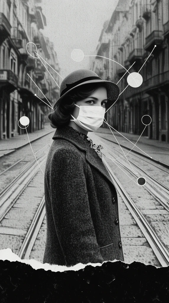 black and white mixed media collage, woman in vintage coat and hat wearing a medical mask, empty steep city street with tram tracks, heavy film grain, torn black paper bottom edge, floating white geometric circles, abstract intersecting graph lines