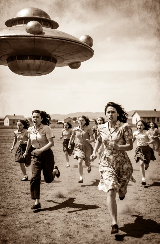 A group of young women and girls run in a panicked state across an open dirt field as a large, metallic, disc-shaped object hovers in the upper left corner of the frame. The saucer-like craft features a tiered design with a central dome on top, a smaller rounded structure on its underside, and three spherical protrusions spaced along its outer rim. In the foreground, a woman in a floral-patterned dress runs directly toward the camera with a fearful expression, while to her left, another woman in a light-colored short-sleeved shirt and dark trousers sprints forward with her mouth open in a shout. Behind them, at least five other girls in mid-century attire are scattered across the field, all captured in mid-stride fleeing in the same direction. The background consists of a flat horizon line with a few small, simple houses and distant, low-lying hills under a bright, overcast sky. The image is rendered in a monochromatic sepia tone with a grainy, aged photographic texture, featuring a high-contrast lighting scheme that casts sharp shadows on the ground beneath the running figures. The composition uses a low-angle perspective, emphasizing the scale of the hovering craft and the dynamic movement of the subjects as they move from the mid-ground toward the foreground.