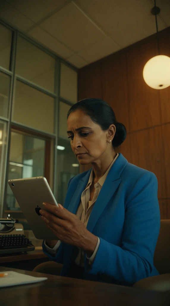 Middle-aged South Asian woman, slicked-back bun, bright blue blazer, looking intently at a silver digital tablet, low angle medium shot, retro office setting, dim warm lighting, wooden wall panels, glass partitions, glowing spherical pendant light, desk with typewriter, cinematic 35mm film aesthetic, muted earth tones, shallow depth of field