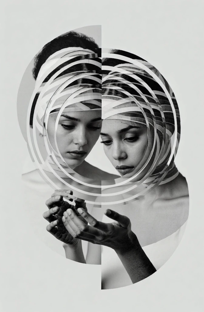 monochromatic high-contrast photography, surrealist concentric ring distortion effect slicing and shifting the frame into geometric segments, two women with bandaged heads looking down at their hands, grainy film texture, minimalist flat light gray background, avant-garde editorial aesthetic, shuttered circular cutout layers, sharp focus on bandages and eyes, soft diffused lighting with deep shadows, fragmented and graphic composition, abstract psychological portrait.