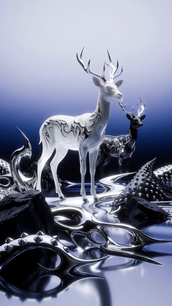two deer with ultra-glossy white leather hide and sharp chrome antlers, standing between jagged obsidian rocks and liquid metal tribal plants, deep navy to pale periwinkle airbrushed gradient background, y2k futurism aesthetic, high-contrast studio lighting with intense specular highlights and sharp rim lights, chrome-type metallic accents, pyramid stud details on landscape elements, hyper-clean digital render, pearlescent finishes, cold and sterile ethereal atmosphere.